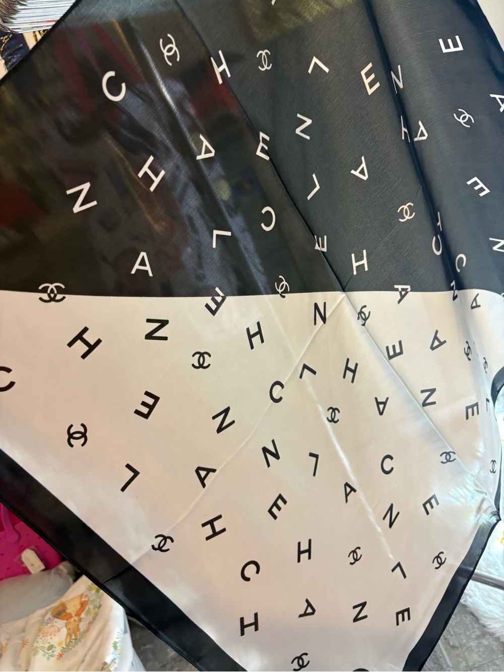 CHANEL Black and White CC Logo Silk Scarf - Picture 2 of 2